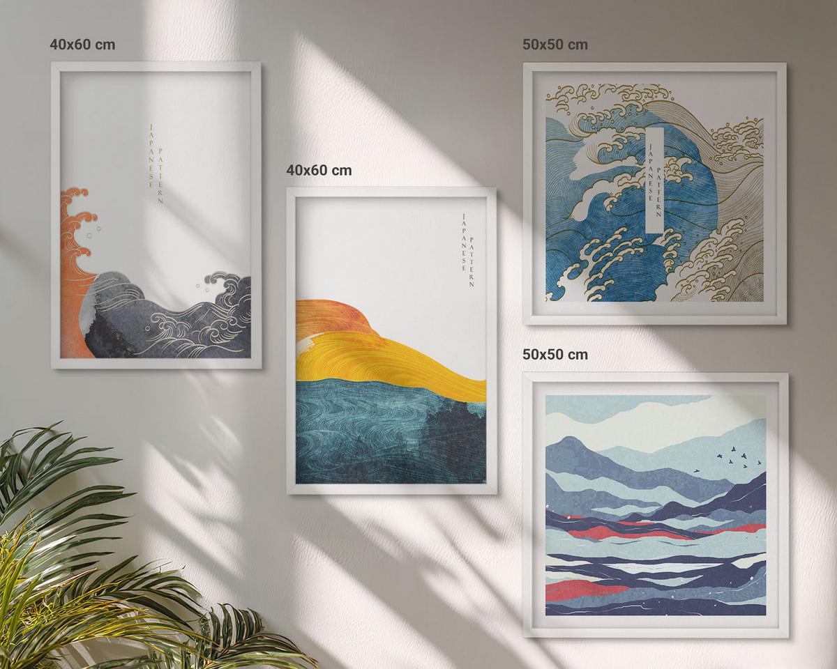BILDER SET 4er Set - 50x50 cm & 40x60 cm Weißer Rahmen - Wellen – Japanische Kunstgrafik - Weiß, Kunststoff (50/50cm) - TULUP