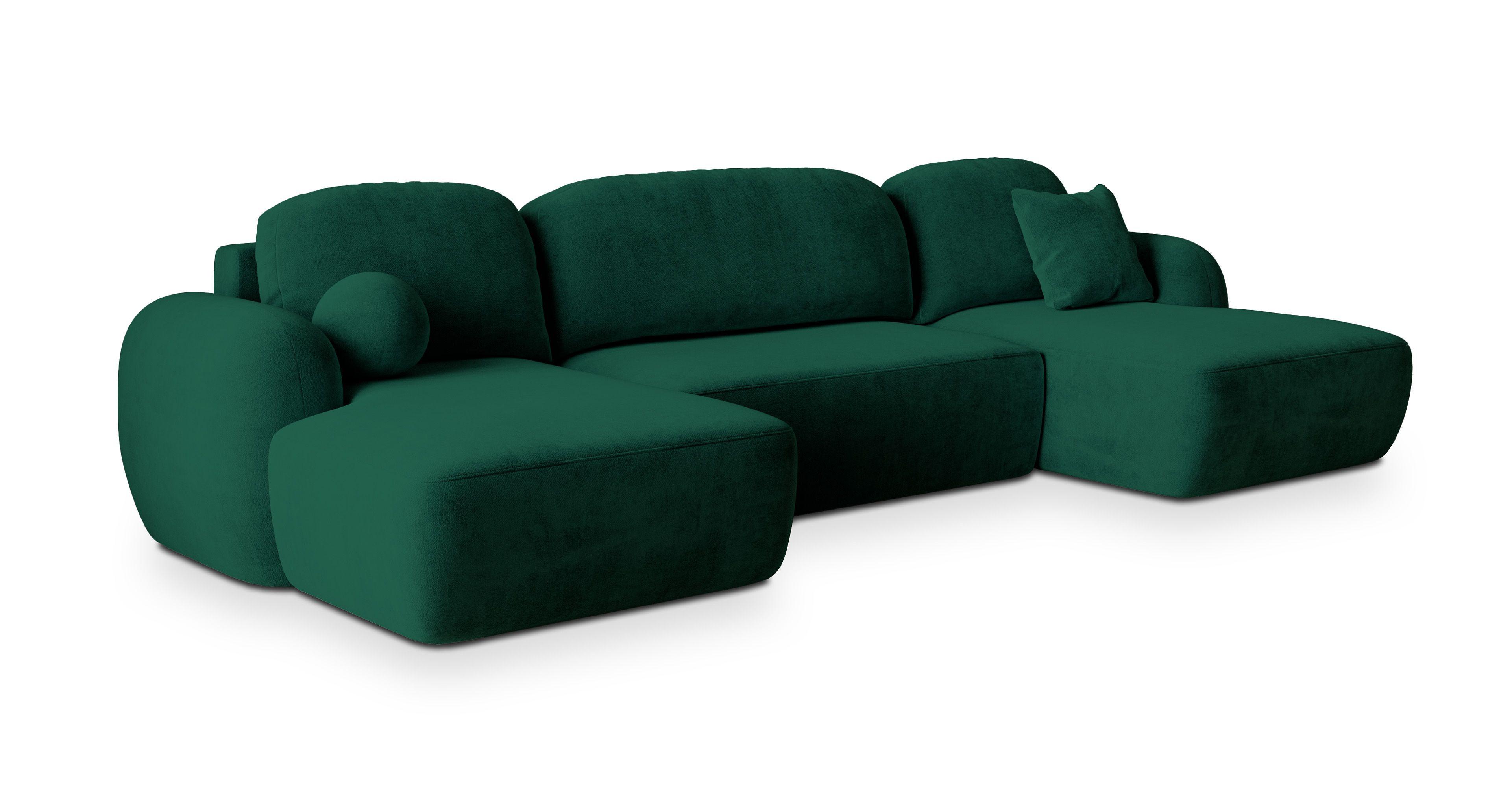 WOHNLANDSCHAFT SAVONA K Grün Plüsch-Stoff mit Schlaffunktion - Schwarz/Grün, Holz/Kunststoff (320/90/148cm) - MASSENO