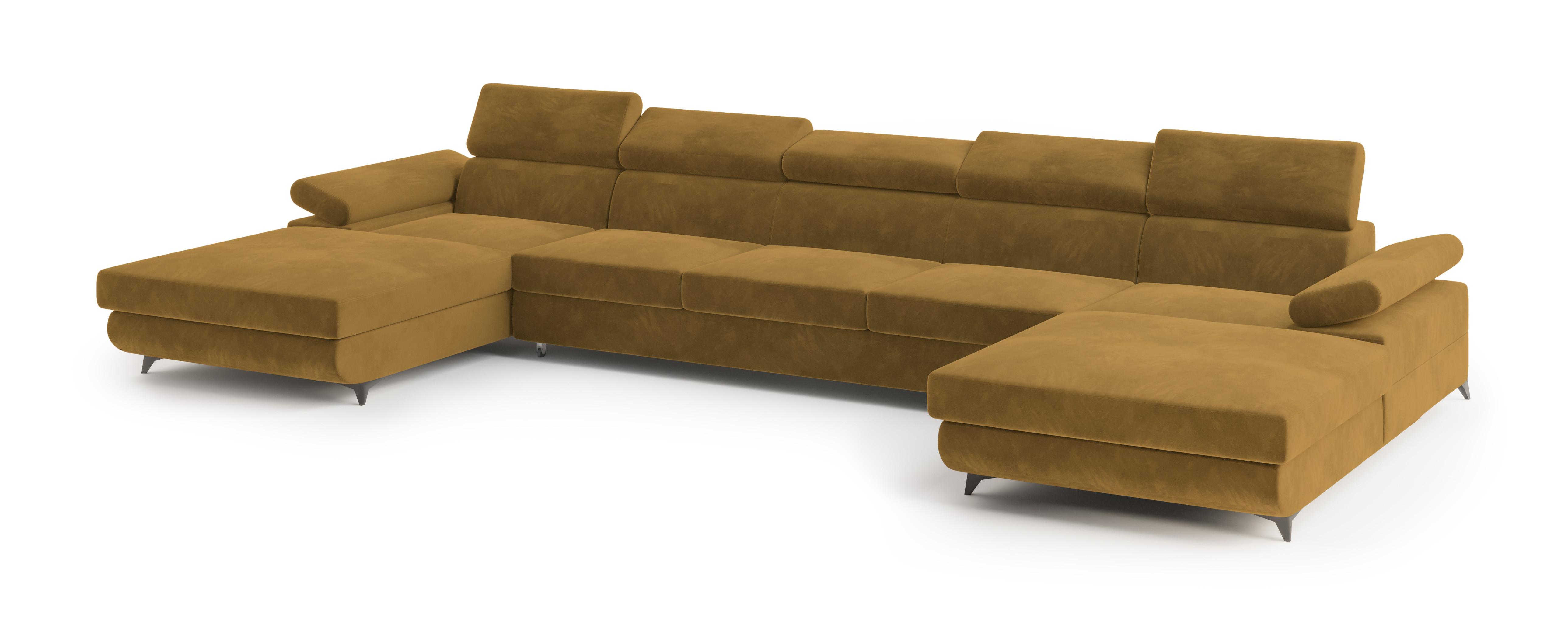 WOHNLANDSCHAFT VIVENTE Gelb Velours-Stoff mit Schlaffunktion - Gelb, Holz (410/89/190cm) - MASSENO