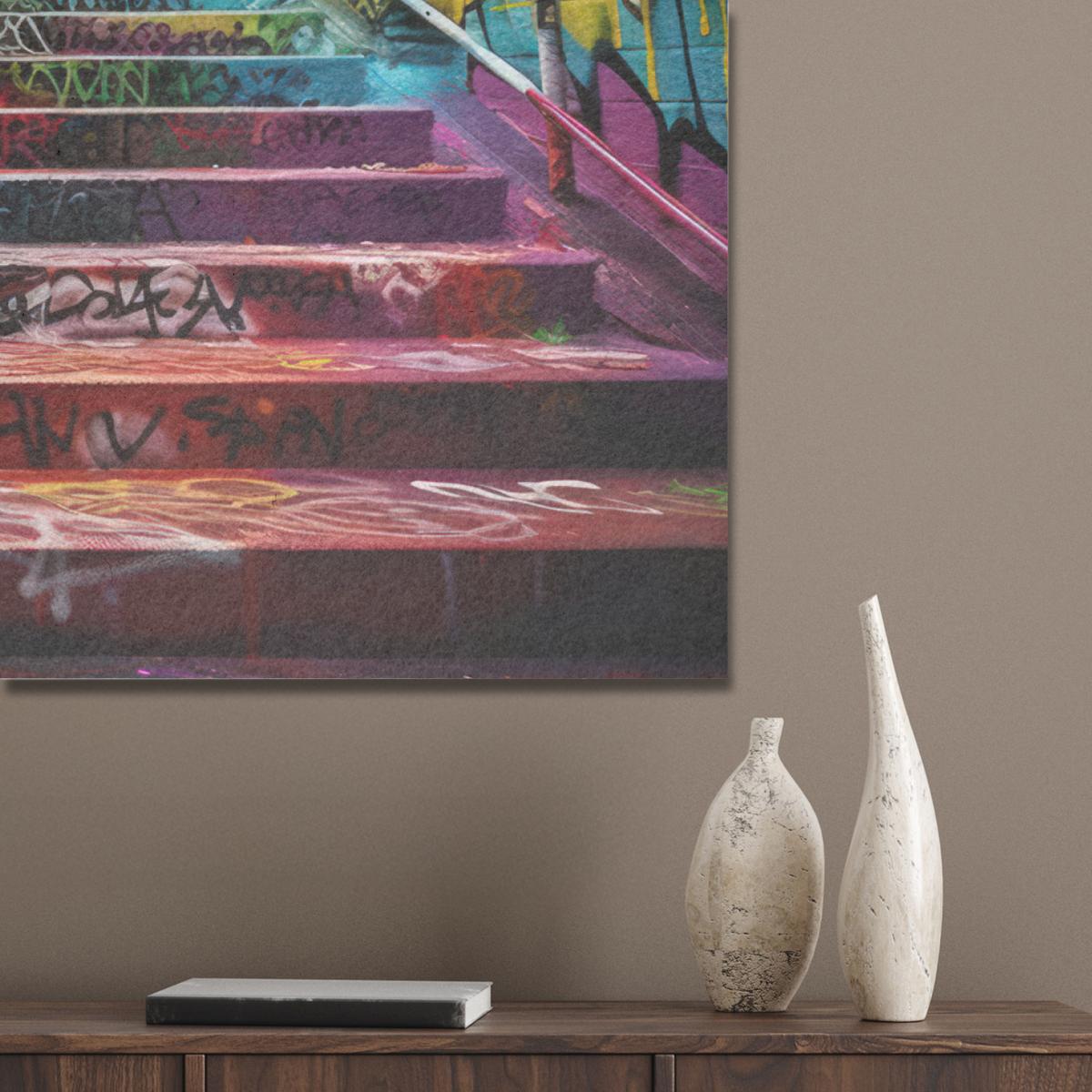 AKUSTIKBILD Treppe - Graffiti - Farben - Kunst Wandbild Wohnzimmer 100x70 cm - Multicolor, Kunststoff (100/70/0.9cm) - MuchoWow