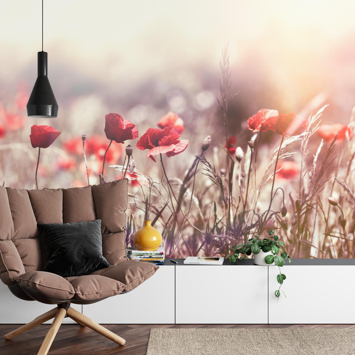 FOTOTAPETE für Esszimmer Feldblumen Rote Mohnwiese Sonne 450x315 - Rot/Orange, Papier (450/315cm) - Muralo