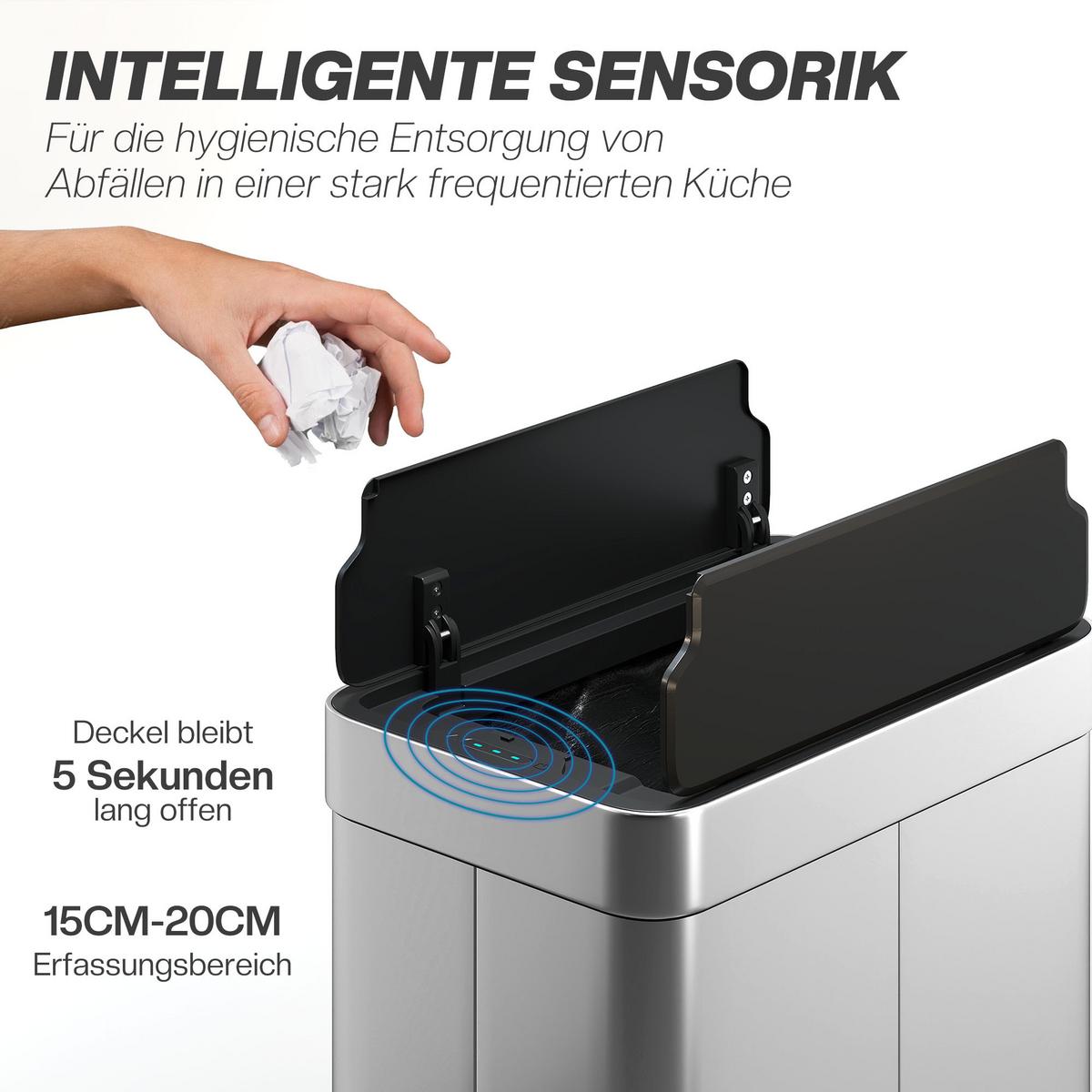 SENSOR Mülleimer 55L Abfalleimer mit Soft-Close-Schmetterlingsdeckel Edelstahl - Silberfarben, Metall (26.5/59/41cm) - HOMCOM