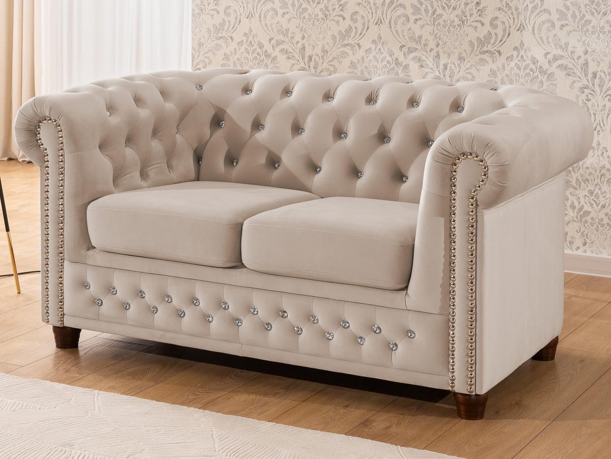 CHESTERFIELD-SOFA 2-sitzer Cleo Blink Beige Samt mit Kristallsteppung und braunen Massivholzfüßen - Beige/Braun, Holz/Textil (148/72/86cm) - S-Style Möbel