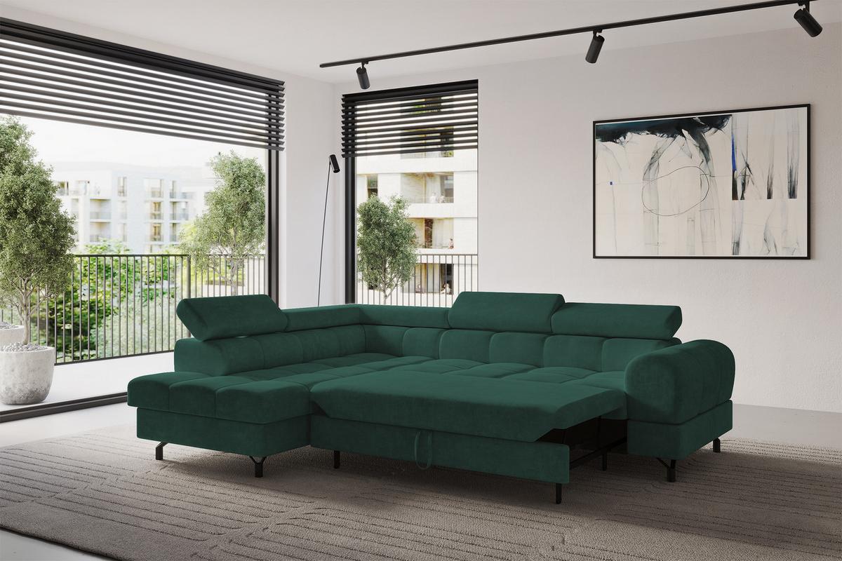 ECKSOFA mit Schlaffunktion Ottomane Links LUMA-L 272x203x70 Grün Velours - Schwarz/Grün, Holzwerkstoff/Kunststoff (272/203cm) - ALTDECOR