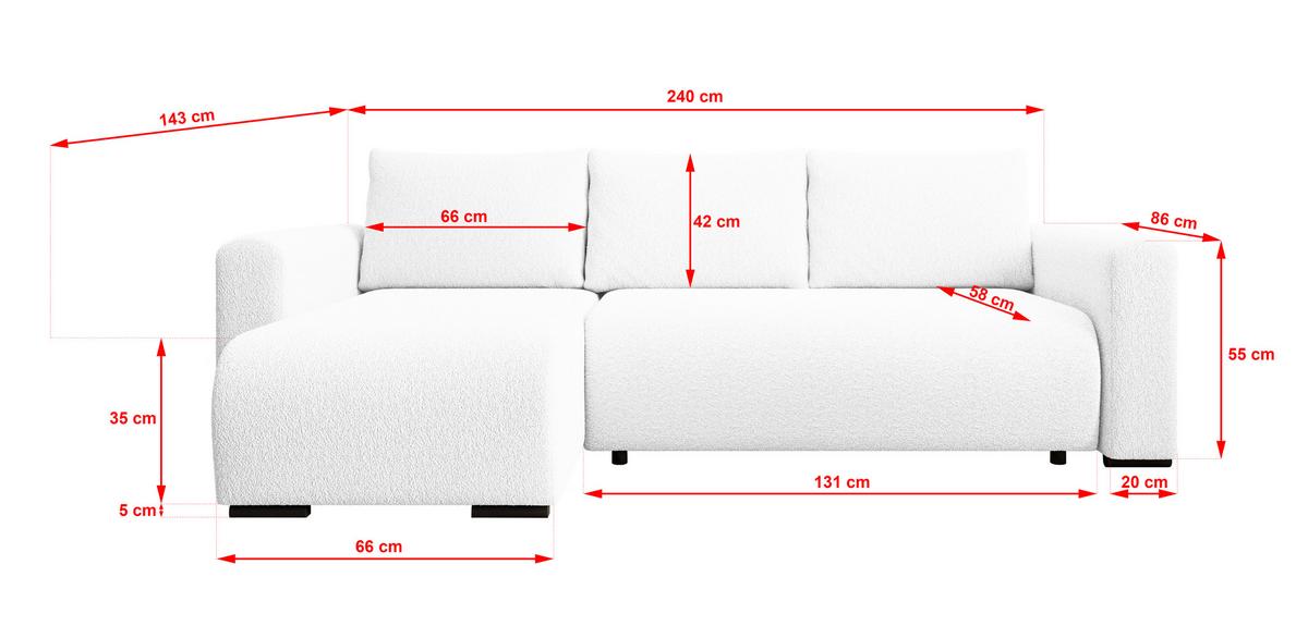 ECKSOFA DORA L, Eckcouch in L-Form mit Schlaffunktion und Bettkasten, Farbe: Weiß, Bouclé-Stoff, Ottomane Links - Weiß, Textil (240/143cm) - Storez24