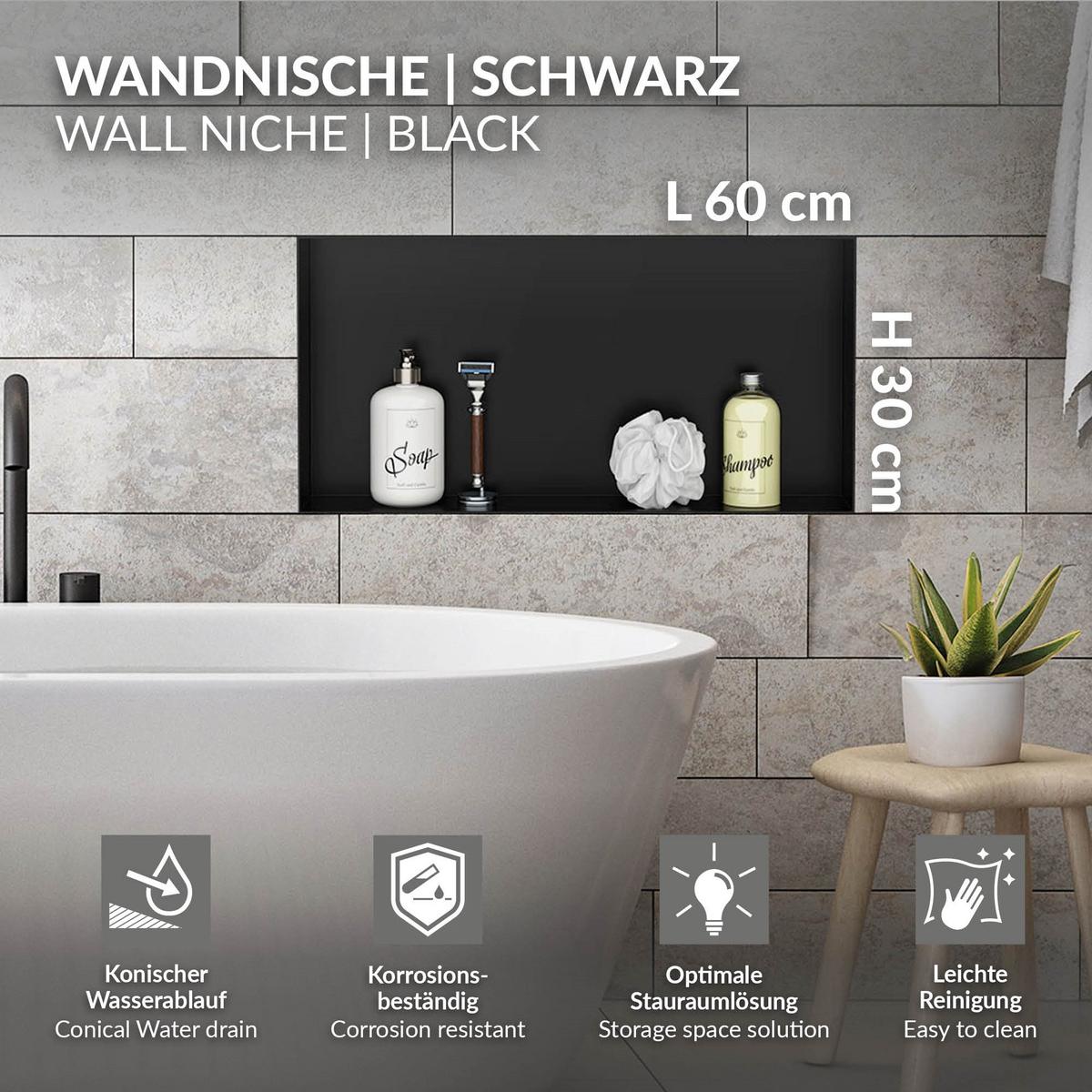 DUSCHNISCHE Schwarz 60/30 cm - Schwarz, Metall (60/30/10cm) - LuxeBath