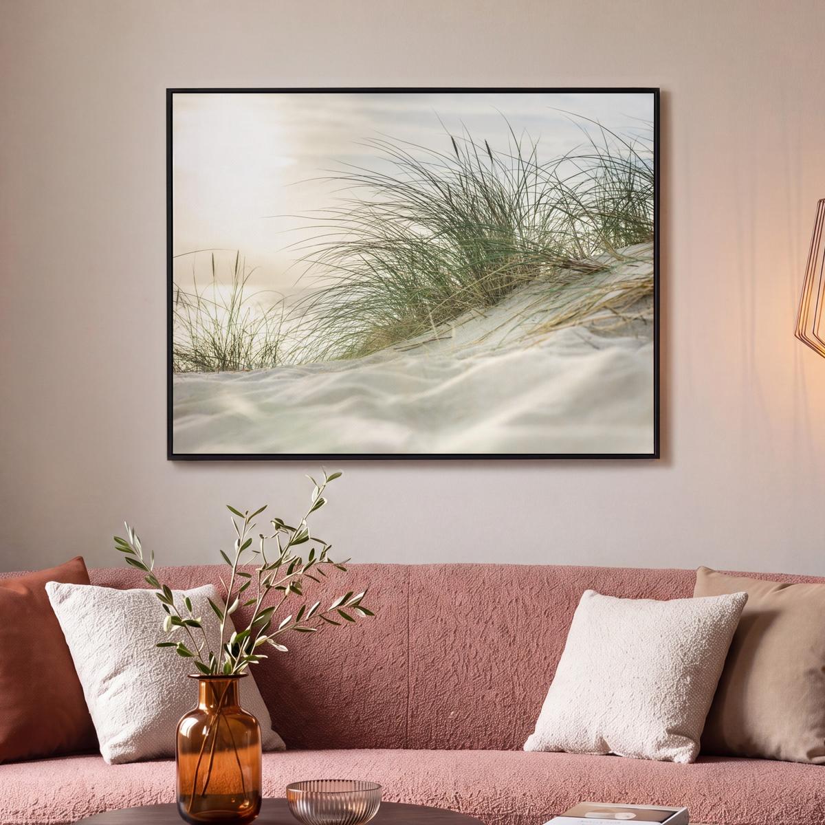 LEINWAND Bilder mit Rahmen - Dünen mit Strandhafer in der Sonne des Nationalparks Schleswig-Holsteinisches Wattenmeer - 100x70 - Creme, Textil (100/70cm) - MuchoWow