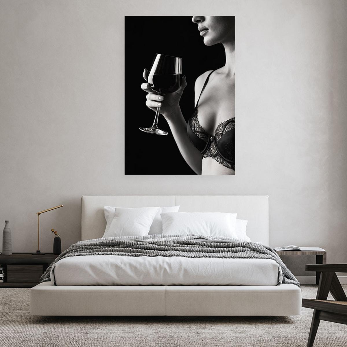LEINWANDBILD Frau in Unterwäsche mit einem Glas Wein 40x60cm - Schwarz, Textil (40/60cm) - Feeby