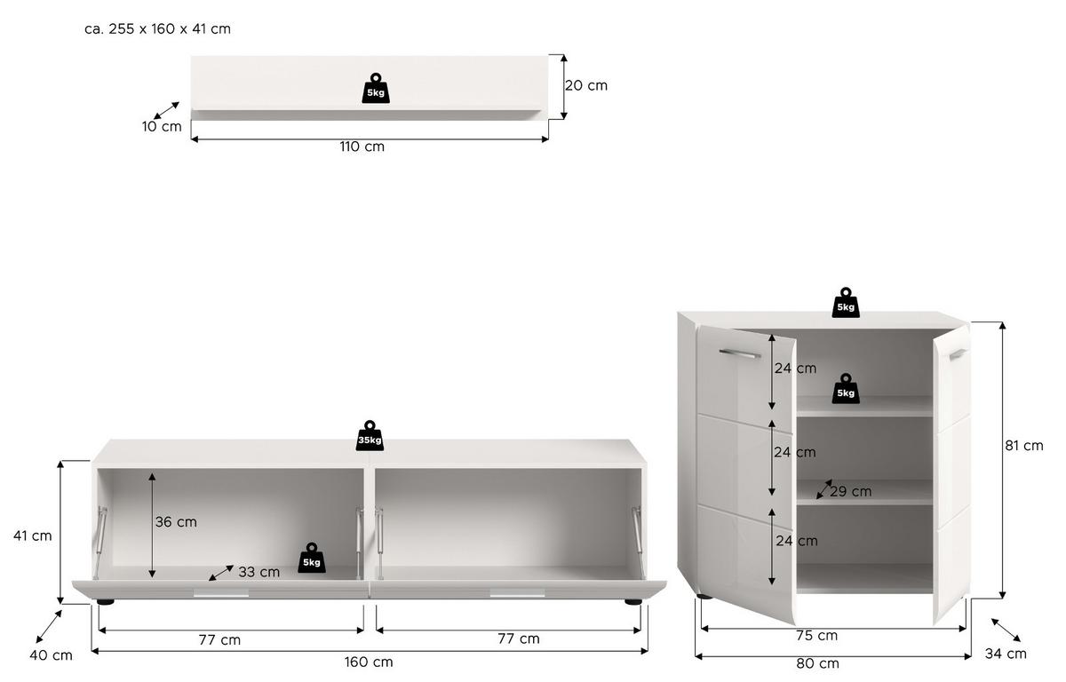 WOHNWAND weiß Hochglanz 3-teilig 255 cm, Schrankwand modernes Design - Weiß Hochglanz/Silberfarben, Glas/Holzwerkstoff (255/160/41cm) - Inn.Furn