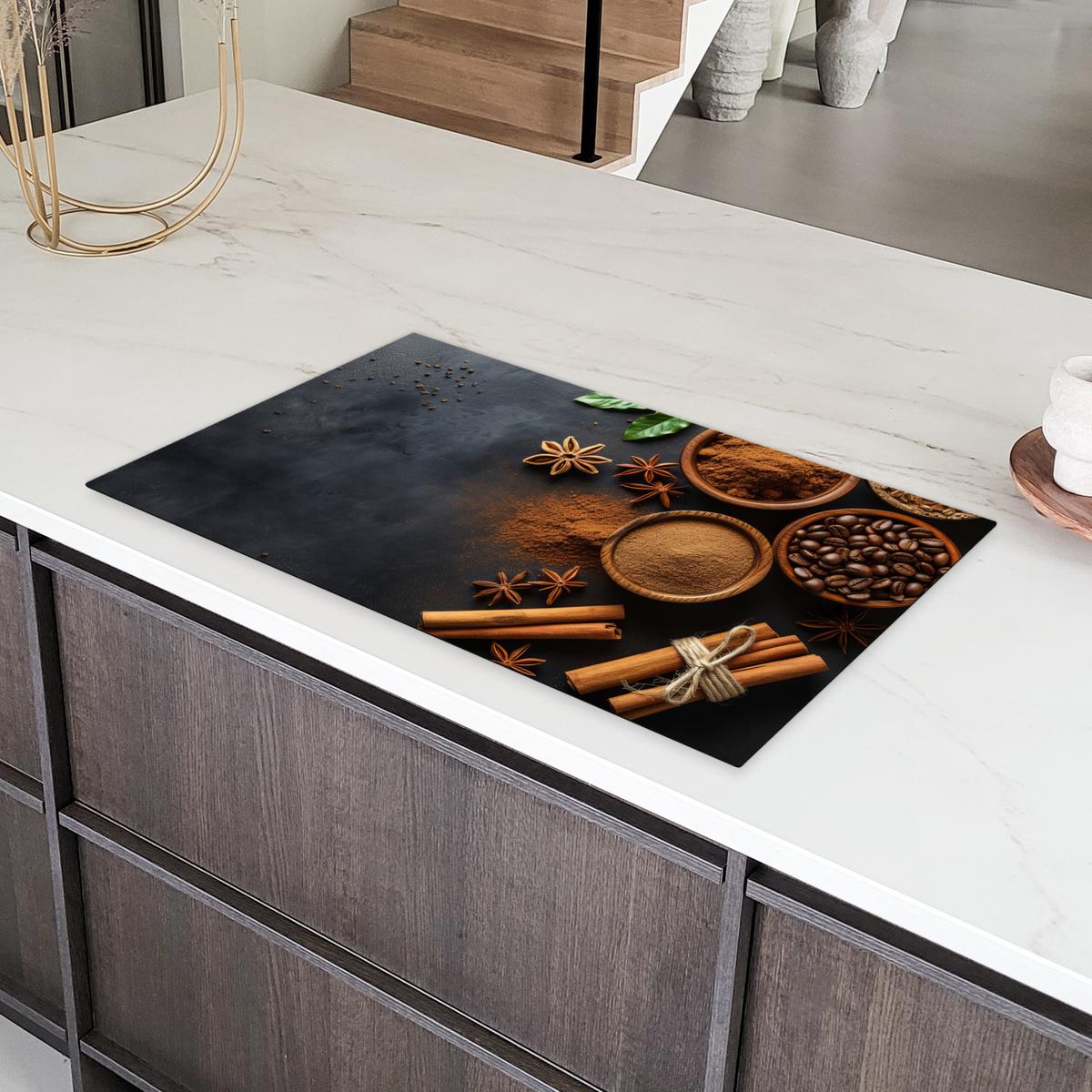 HERDABDECKPLATTE Zimt - Beton - Kaffee - Zimtstangen - Gewürze Induktionsschutz 89.6x51.6 cm - Mokka, Kunststoff (89.6/51.6/0.2cm) - MuchoWow