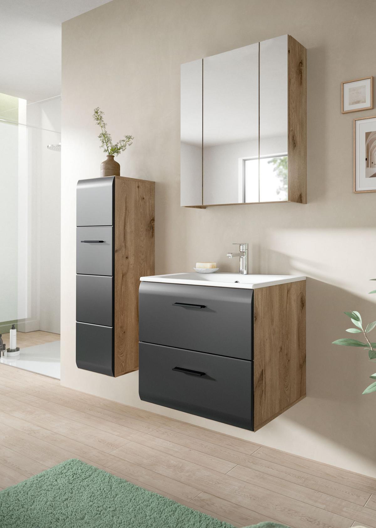 BADMÖBEL-SET schwarz matt, Eiche Nox, Badezimmer komplett mit Waschbecken 105 cm - Eichefarben/Schwarz, Glas/Holzwerkstoff (105/185/46cm) - Inn.Furn