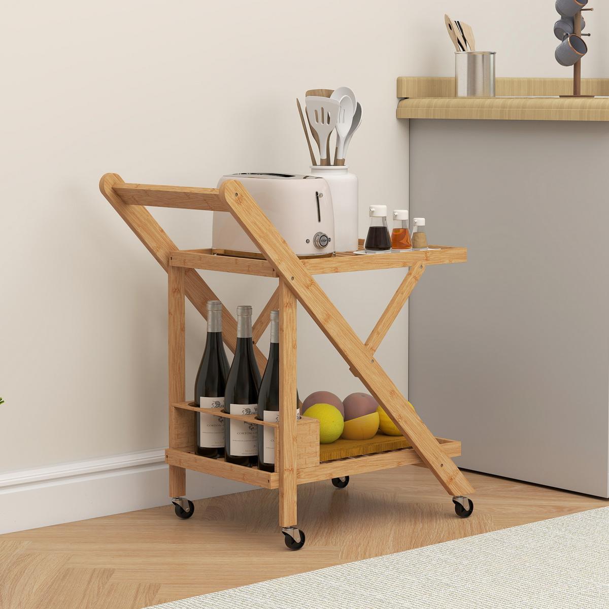 KÜCHENWAGEN mit Weinregal, 66 x 40 x 70 cm, Natur - Naturfarben, Naturmaterialien (40/70/66cm) - HOMCOM