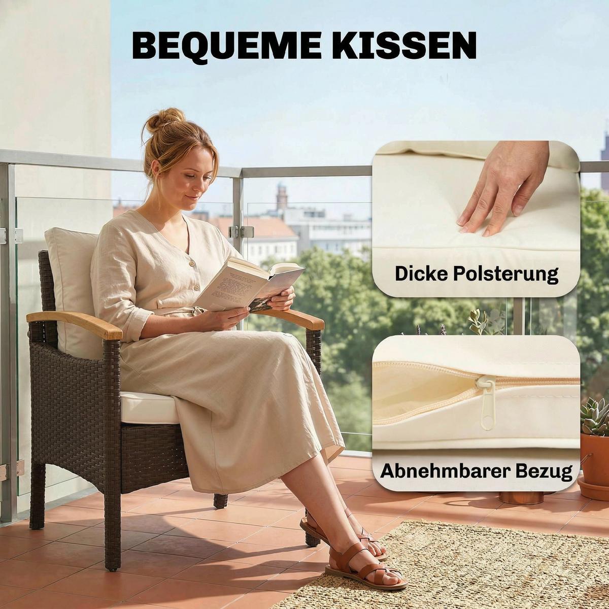 SITZGRUPPE 3-teilig aus PE-Rattan Stahl Cremeweiß - Creme/Braun, Kunststoff/Textil - Outsunny