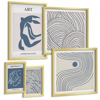 BILDER SET 5er Set - 50x50 cm & 20x30 cm & 40x60 cm Goldrahmen - Abstrakte blaue Linien - Goldfarben, Kunststoff (40/60cm) - TULUP