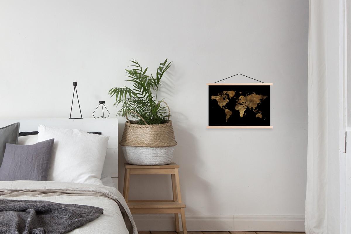 POSTER MIT MAGNETLEISTEN Weltkarte - Gold - Luxus - Erde - Schwarz Wandbilder 60x40 cm - Goldfarben, Textil (60/40/0.15cm) - MuchoWow