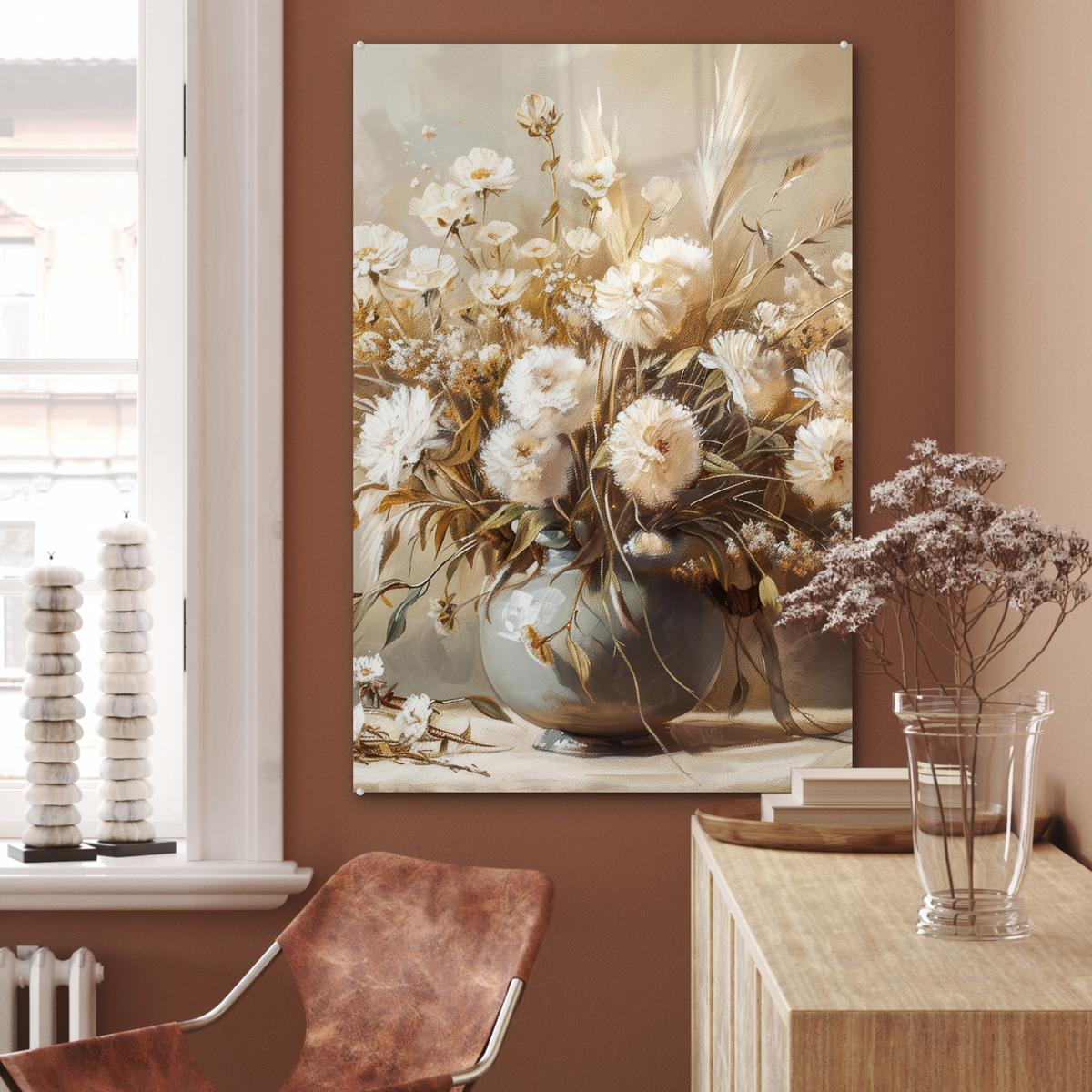 ACRYLGLASBILD Blumen - Vase - Stilleben - Beige 80x120 cm - Creme, Glas (80/120cm) - MuchoWow