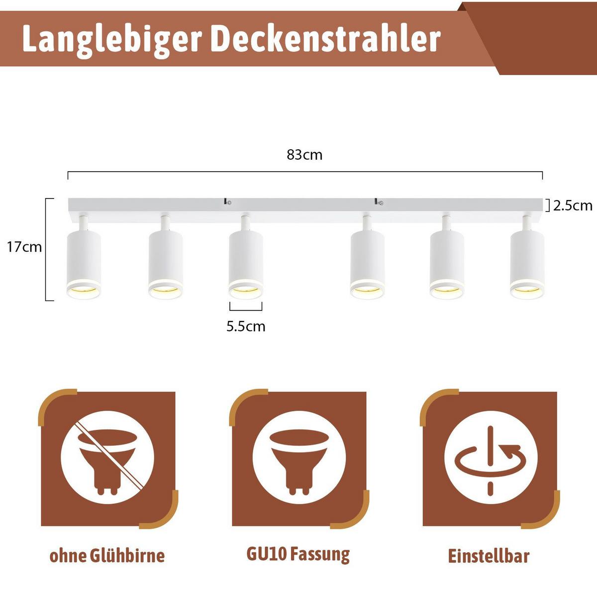 DECKENSTRAHLER Vilbel 6-flammig 83/5/17 cm - Weiß, Metall (83/5/17cm) - Nettlife