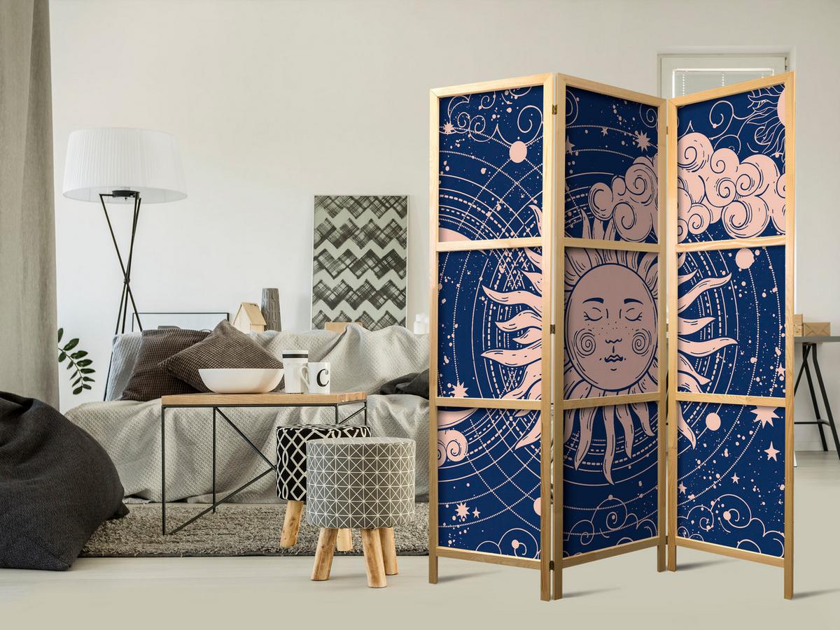 PARAVENT Japanischer 3-tlg 135x172 cm Sonne Und Wolken - Blau, Holz/Textil (135/172/3cm) - Muralo