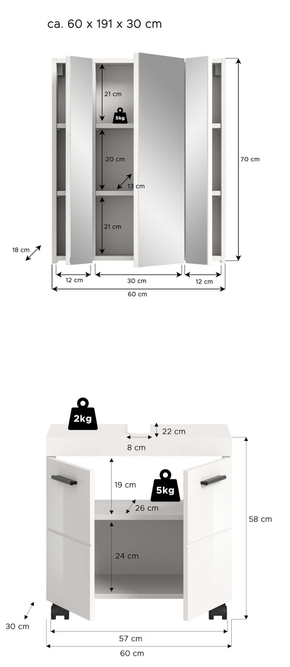 BADMÖBEL-SET weiß Hochglanz 2-teilig 60 cm, Badkombination auf Rollen - Weiß Hochglanz/Schwarz, Glas/Holzwerkstoff (60/191/30cm) - Inn.Furn