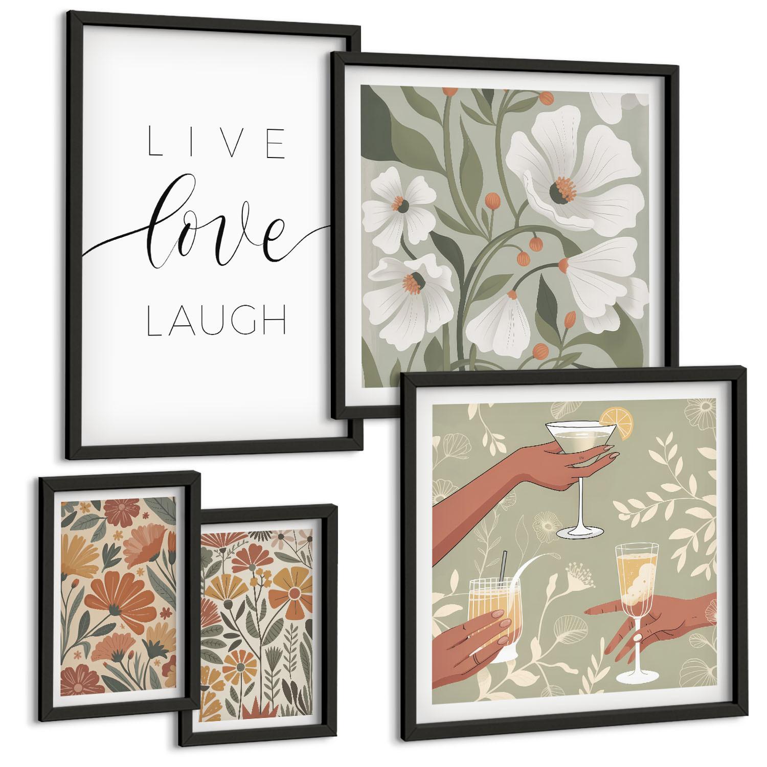 BILDER SET 5er Set - 50x50 cm & 20x30 cm & 40x60 cm Schwarzer Rahmen - Boho-Pflanzenmuster - Schwarz, Kunststoff (40/60cm) - TULUP