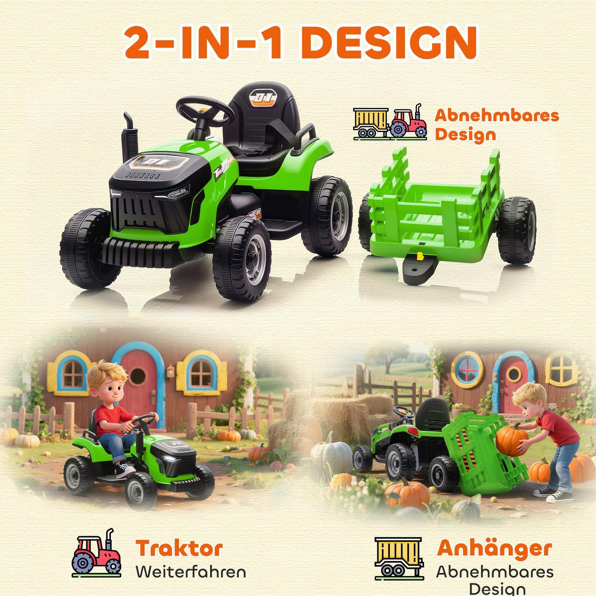 KINDER-ELEKTROTRAKTOR 3-Gang mit Anhänger, 2 Motor, für 3-8 Jahre, Grün - Grün, Metall (139/58/55cm) - AIYAPLAY
