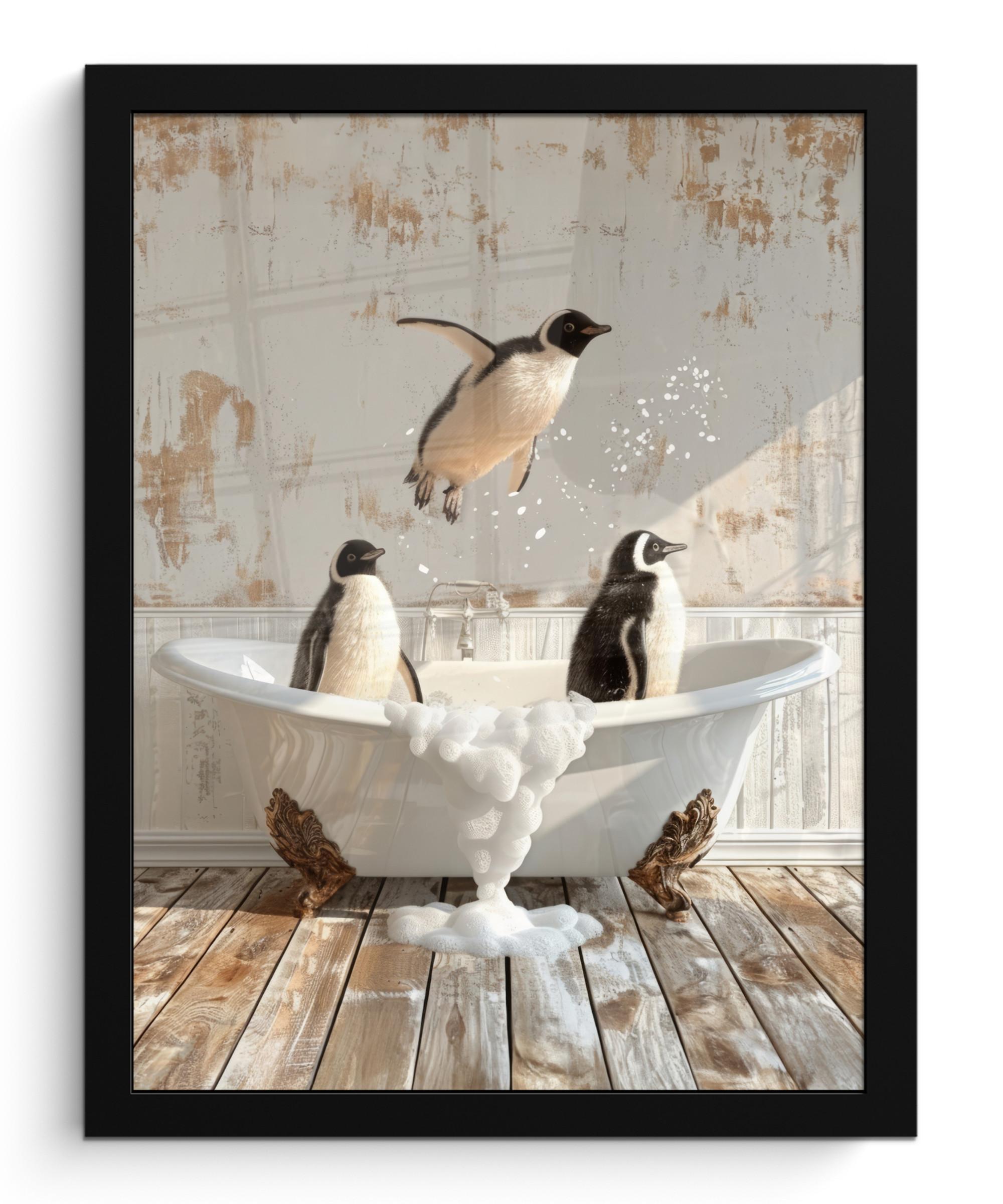 POSTER MIT RAHMEN Vintage - Pinguin - Badewanne - Schaumstoff Bilderrahmen 30x40 cm - Schwarz, Papier (30/40cm) - MuchoWow