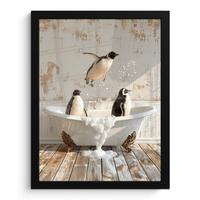 POSTER MIT RAHMEN Vintage - Pinguin - Badewanne - Schaumstoff Bilderrahmen 30x40 cm - Schwarz, Papier (30/40cm) - MuchoWow