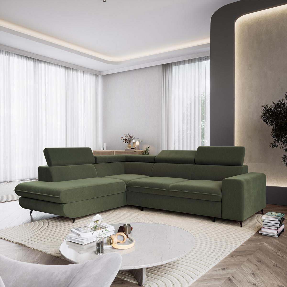 ECKSOFA VELISS Olivgrün Veloursstoff mit Schlaffunktion - Olivgrün, Holz (255/193cm) - MASSENO