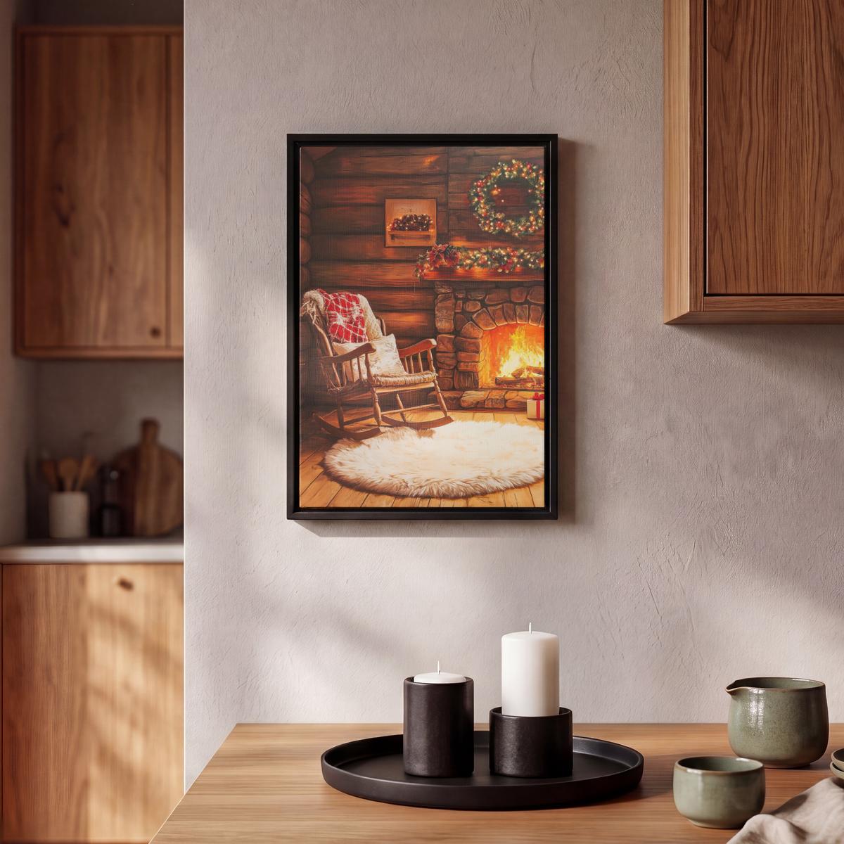 LEINWAND Bilder mit Rahmen - Winter - Weihnachten - Zuhause - Kamin - 20x30 - Bernsteinfarben, Textil (20/30cm) - MuchoWow