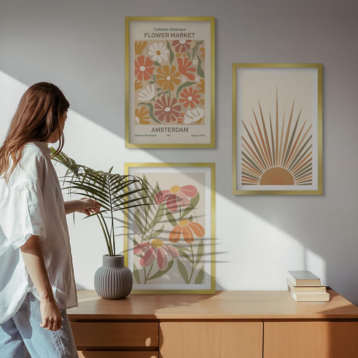 BILDER SET 3er Set - 40x60 cm Goldrahmen - Pastellfarbene Sonnenblumen - Goldfarben, Kunststoff (40/60cm) - TULUP