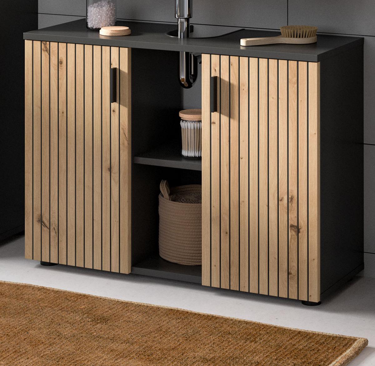 WASCHBECKENUNTERSCHRANK Eiche Artisan, grau 80 cm, Bad Unterschrank mit 6 Fächern, Leistenoptik - Schwarz/Eiche Artisan, Holzwerkstoff/Kunststoff (80/59/30cm) - Inn.Furn