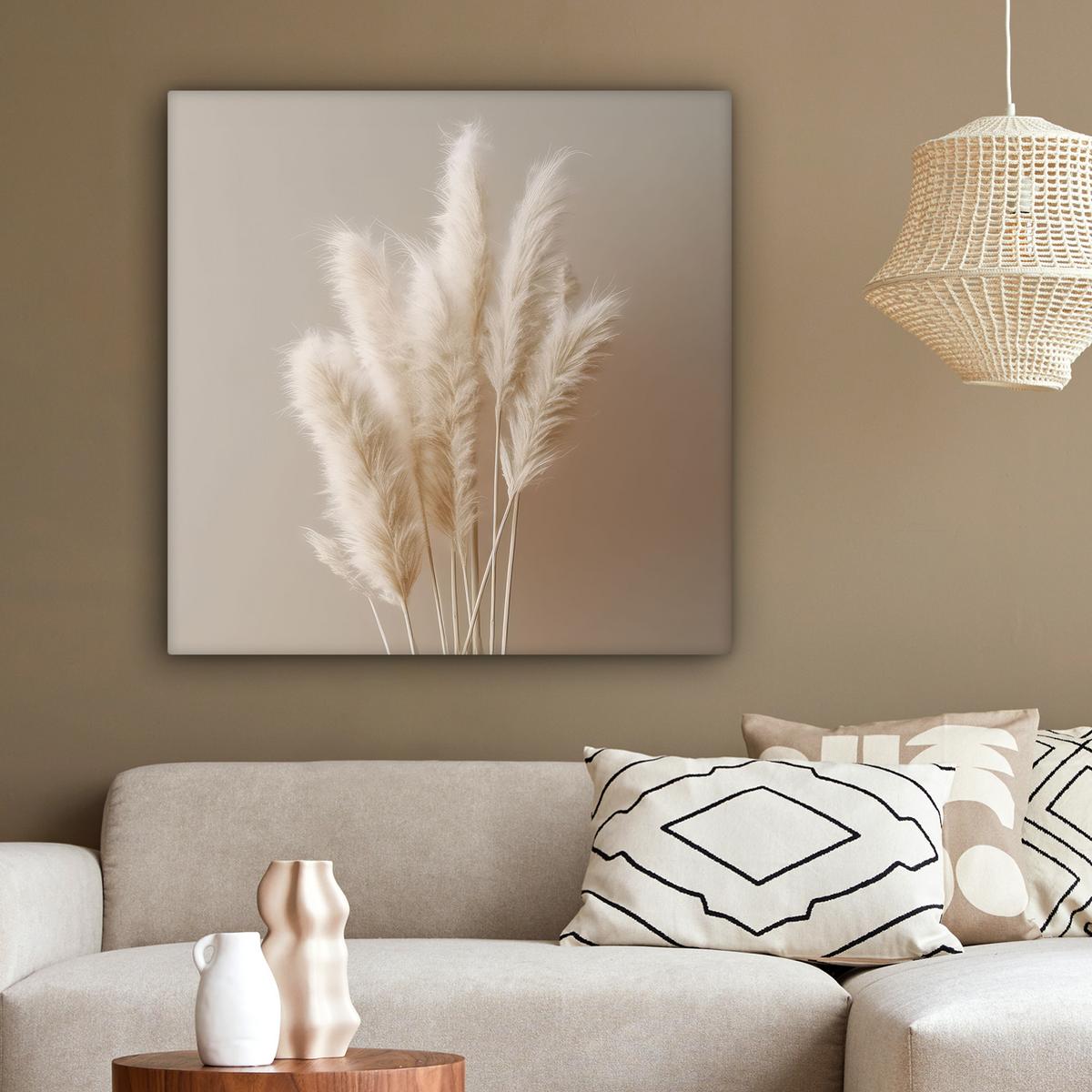 LEINWANDBILD Pampasgras - Federn - Pastell - Weiß Deko Groß 90x90 cm - Naturfarben, Textil (90/90cm) - MuchoWow