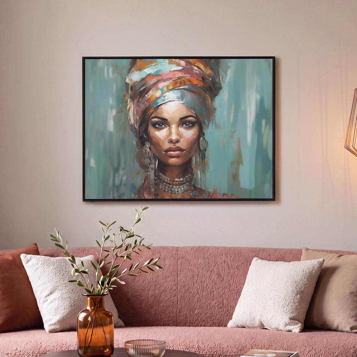 LEINWAND Bilder mit Rahmen - Frau - Kunst - Schmuck - Porträt - 80x60 - Blaugrau, Textil (80/60cm) - MuchoWow