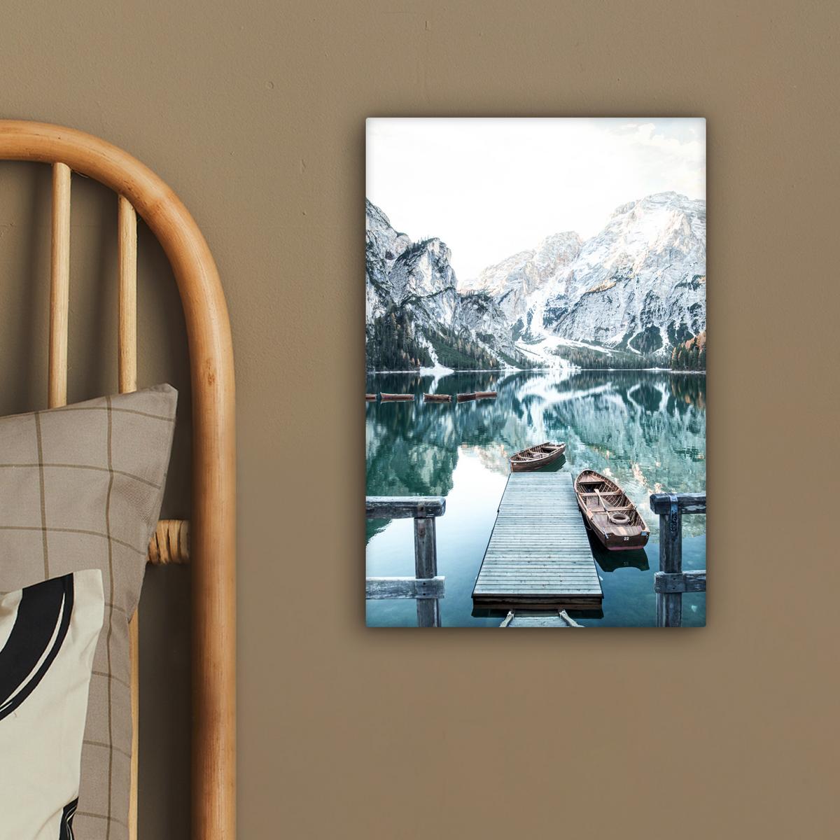 LEINWANDBILD Natur - Berge - Schnee - Wald - Boot Deko Wohnzimmer 20x30 cm - Hellgrün, Textil (20/30cm) - MuchoWow