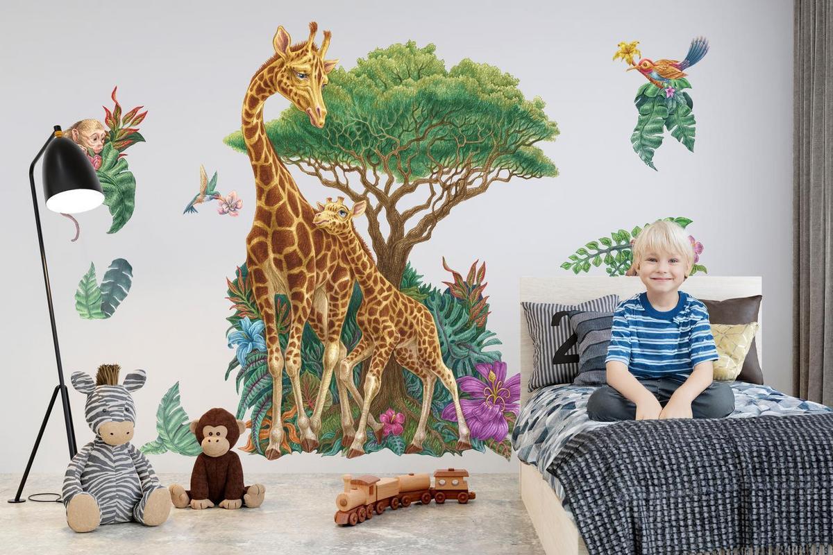WANDAUFKLEBER 130x194cm - Wildtiere Vegetation - Multicolor, Kunststoff (130/194/0.1cm) - Wallfluent
