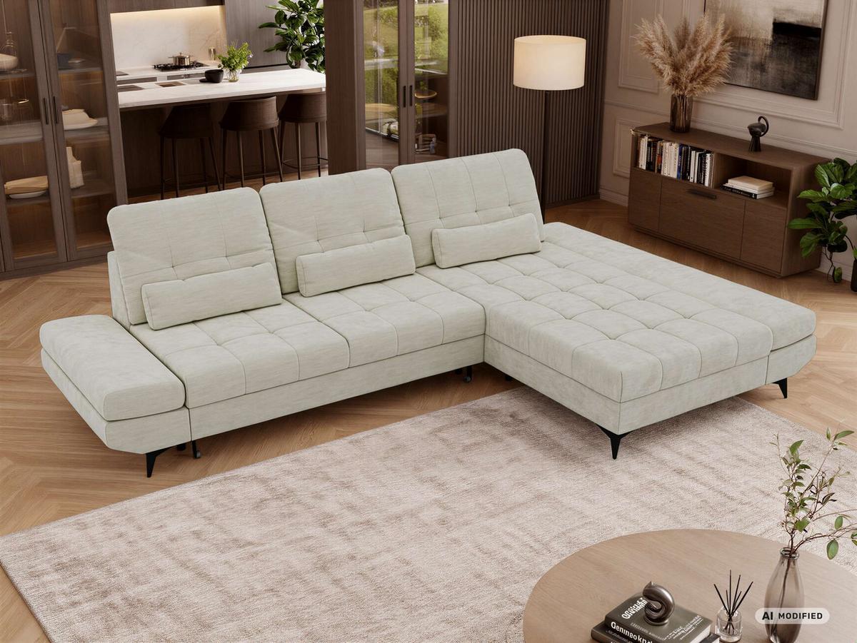 ECKSOFA ALVENO L - Creme Schenille glatt - Rechts Seite - Creme/Schwarz, Textil/Metall (344/218cm) - MKS