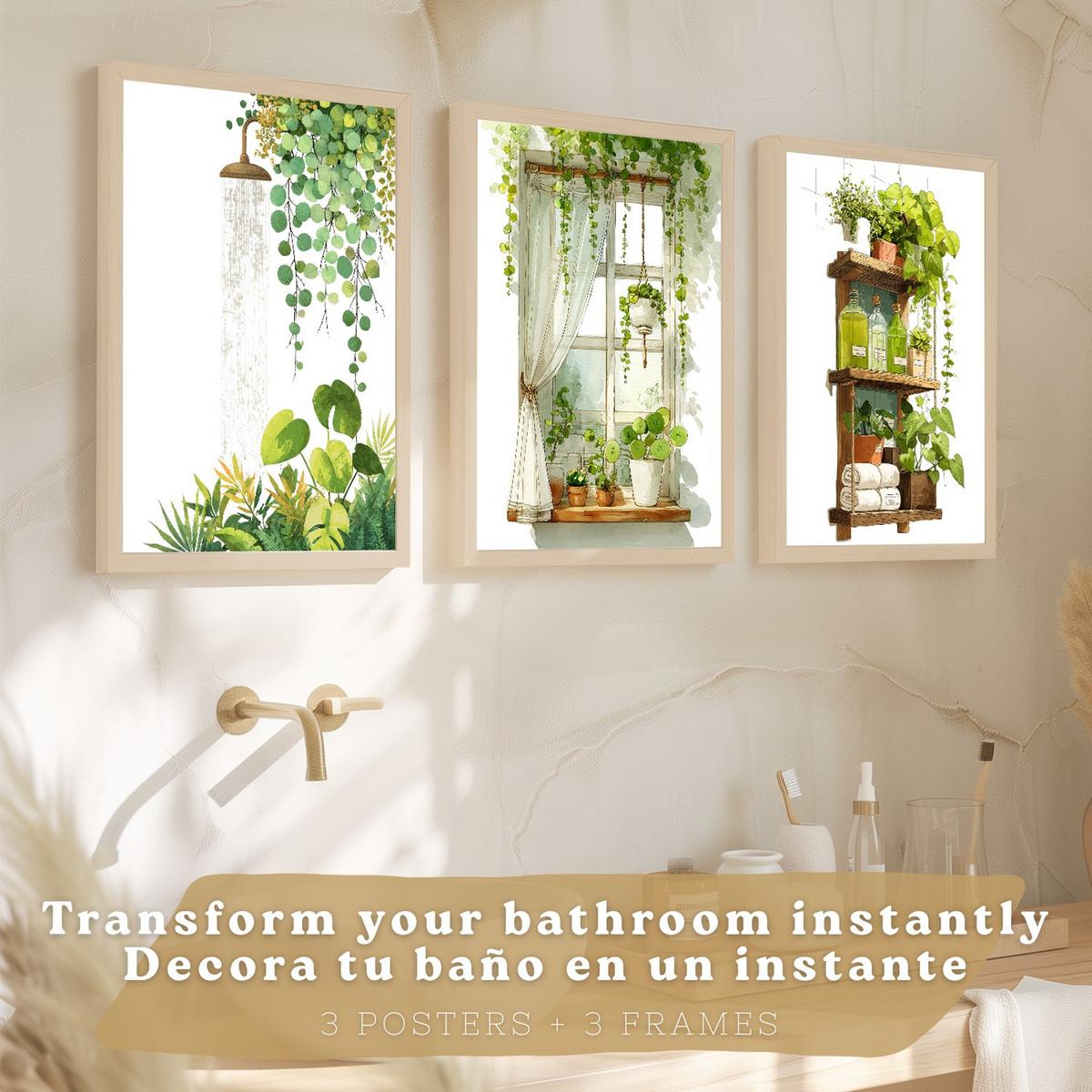 POSTER 3er-Set dekorative Badezimmerbilder im mit grünen Pflanzen, Dusche und Ablage, minimalistisches, Wohndekoration Leichter Holzrahmen A3 - Beige, Papier (42/29.7/3cm) - Nacnic