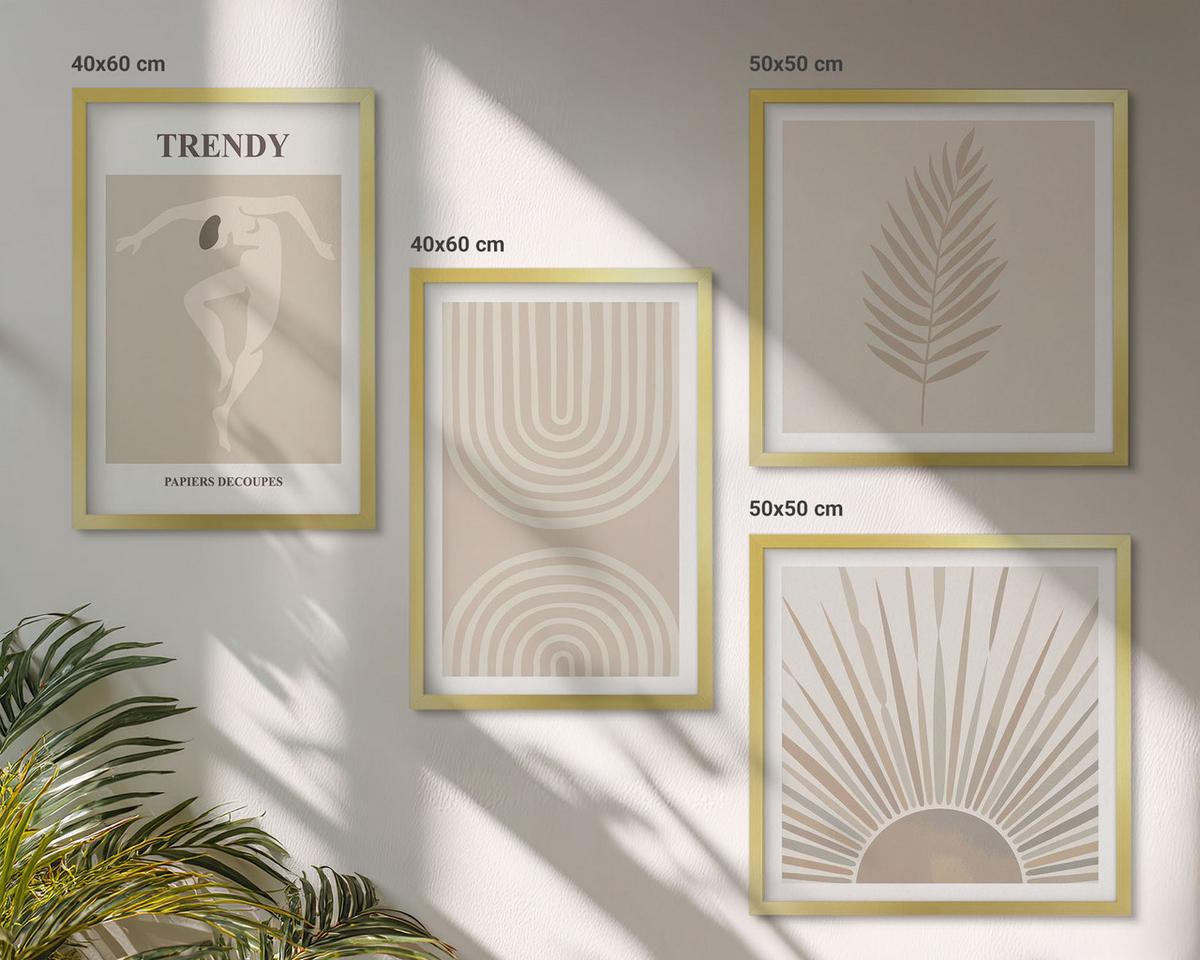 BILDER SET 4er Set - 50x50 cm & 40x60 cm Goldrahmen - Abstrakte Poster im Boho-Stil in Pastellfarben - Goldfarben, Kunststoff (50/50cm) - TULUP