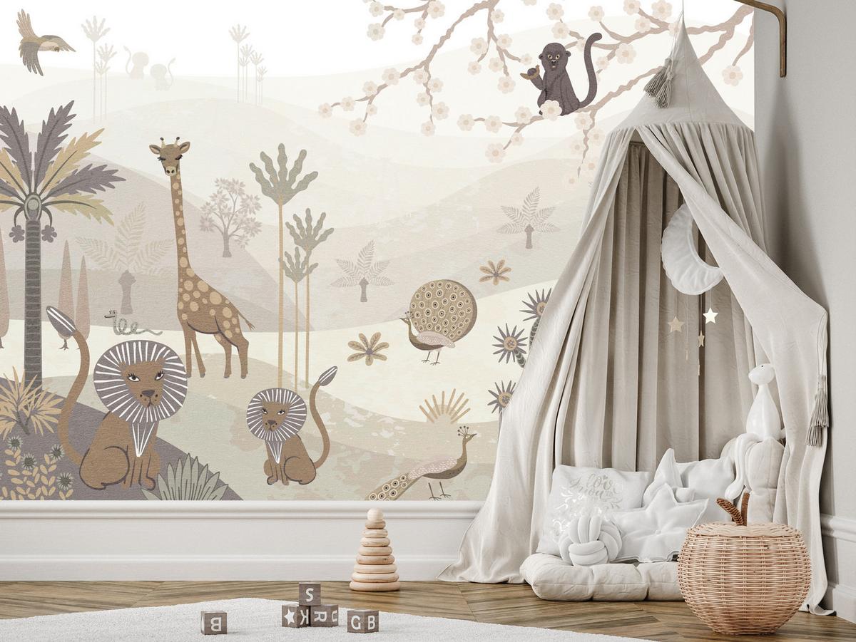 FOTOTAPETE für Kinderzimmer Safari Wilde Tiere Dschungel Boho Palmen Giraffe 400x280 - Beige/Creme, Papier (400/280cm) - Muralo