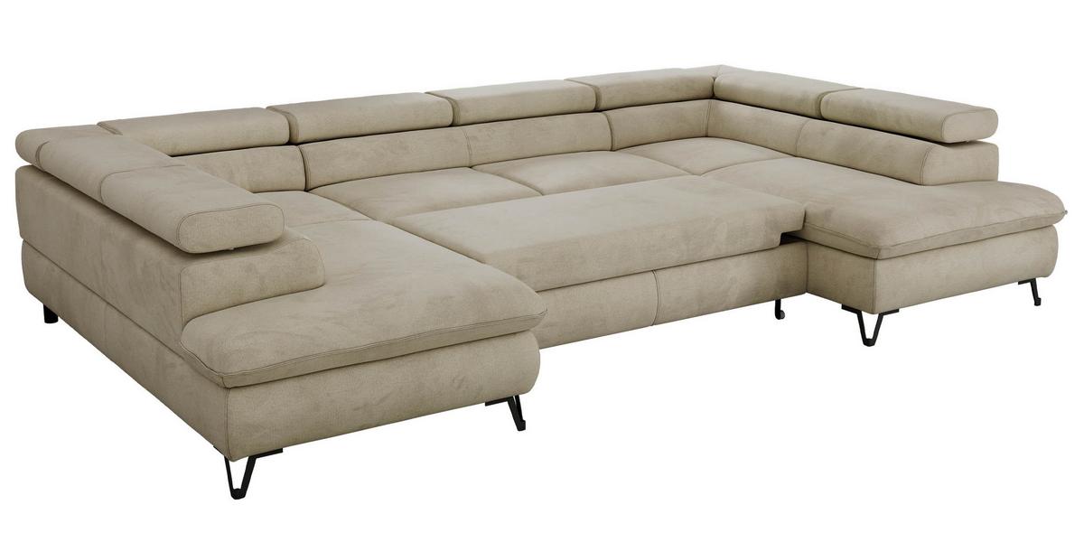 WOHNLANDSCHAFT PABLO U Velvet Beige mit Topper Visco - Beige/Schwarz, Textil/Metall (346/76/208cm) - MKS