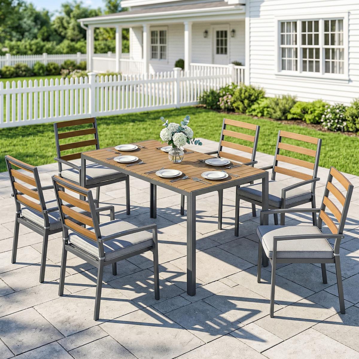 GARTENGARNITUR 7ER-SET aus Verzinktem Stahl Naturholz - Dunkelgrau/Hellgrau, Textil/Metall - Outsunny