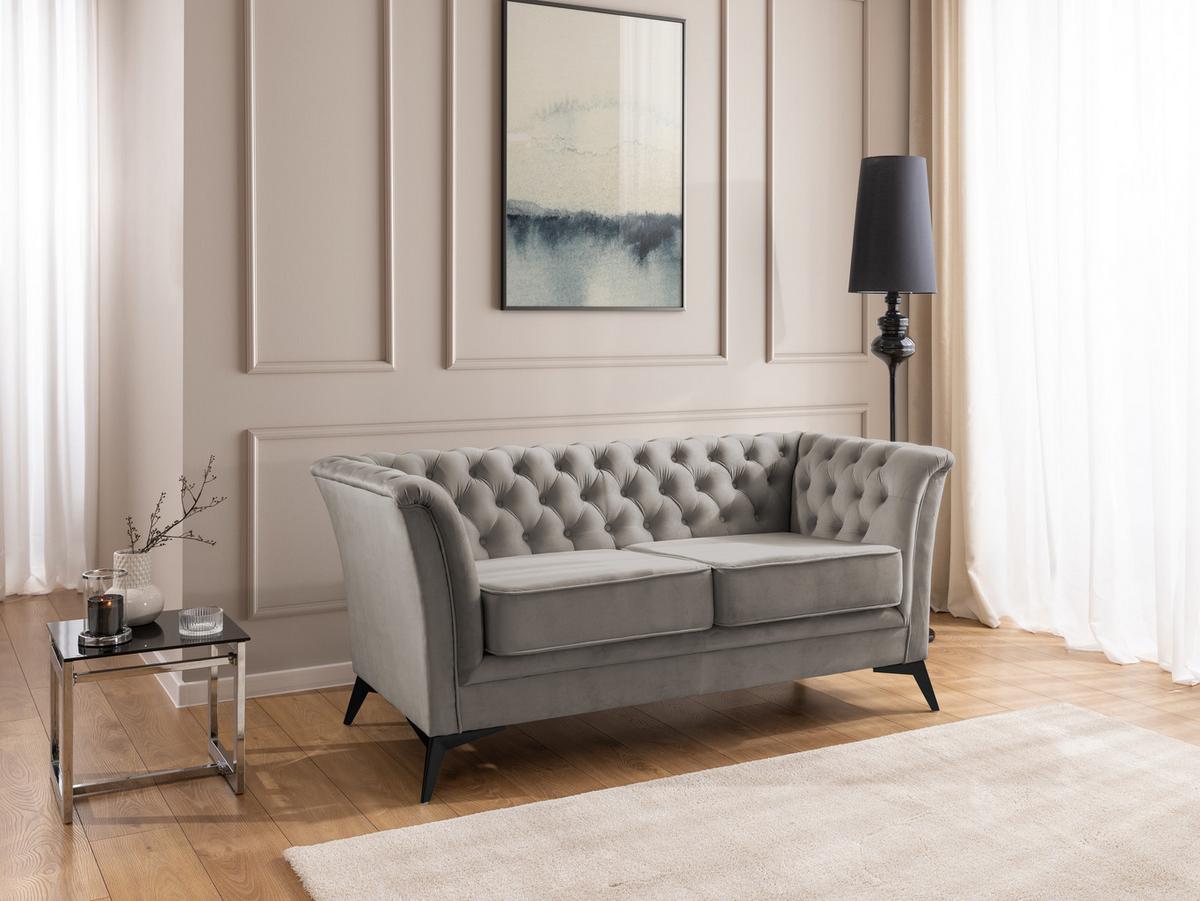 CHESTERFIELD-SOFA 2-sitzer Whitby Grau Samt mit schwarzen Füßen - Schwarz/Grau, Holz/Textil (175/78/82cm) - S-Style Möbel