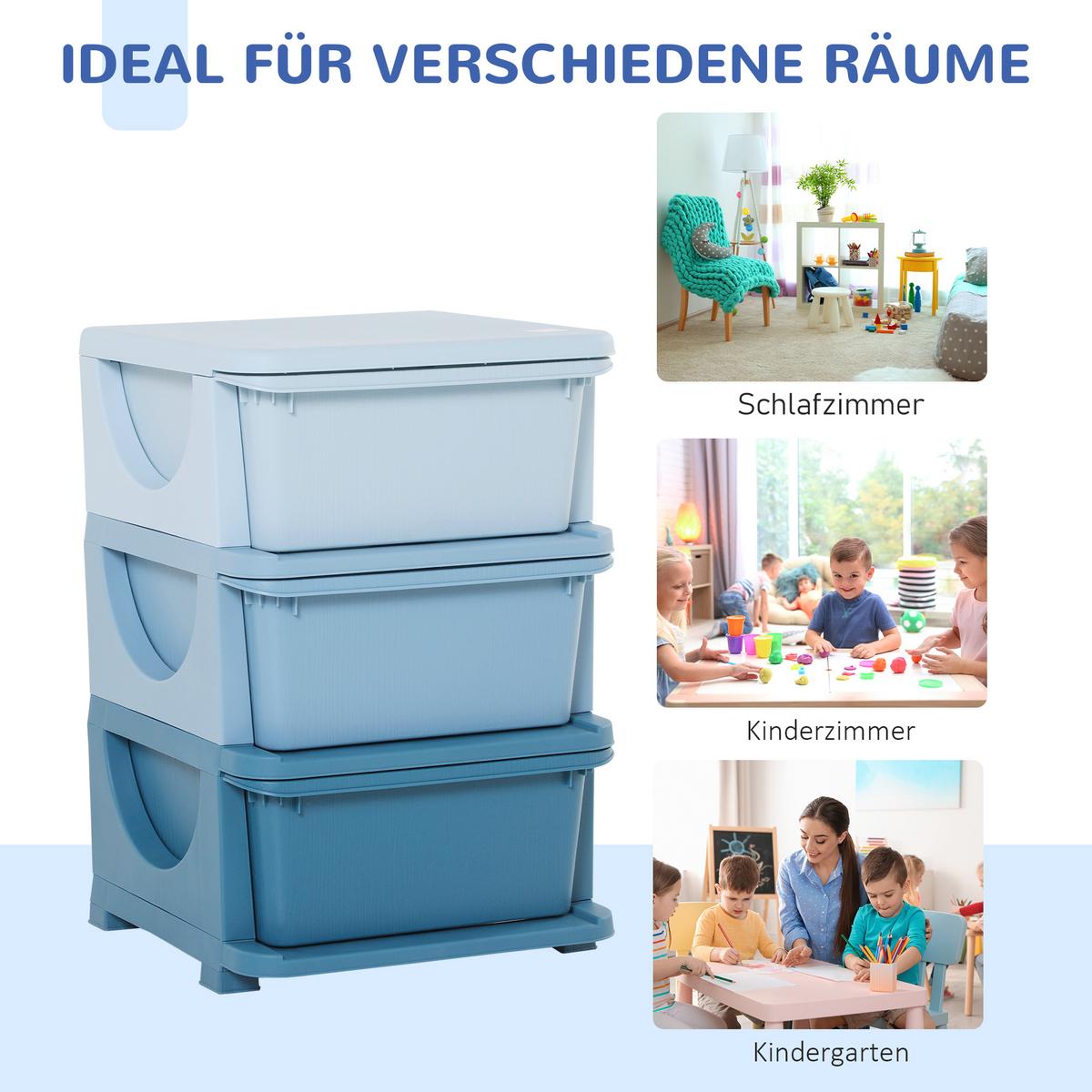 AUFBEWAHRUNGSBOXEN für Kinder, 3 große Schubladen, Kunststoff, Blau - Blau, Kunststoff (37/56.5/37cm) - HOMCOM