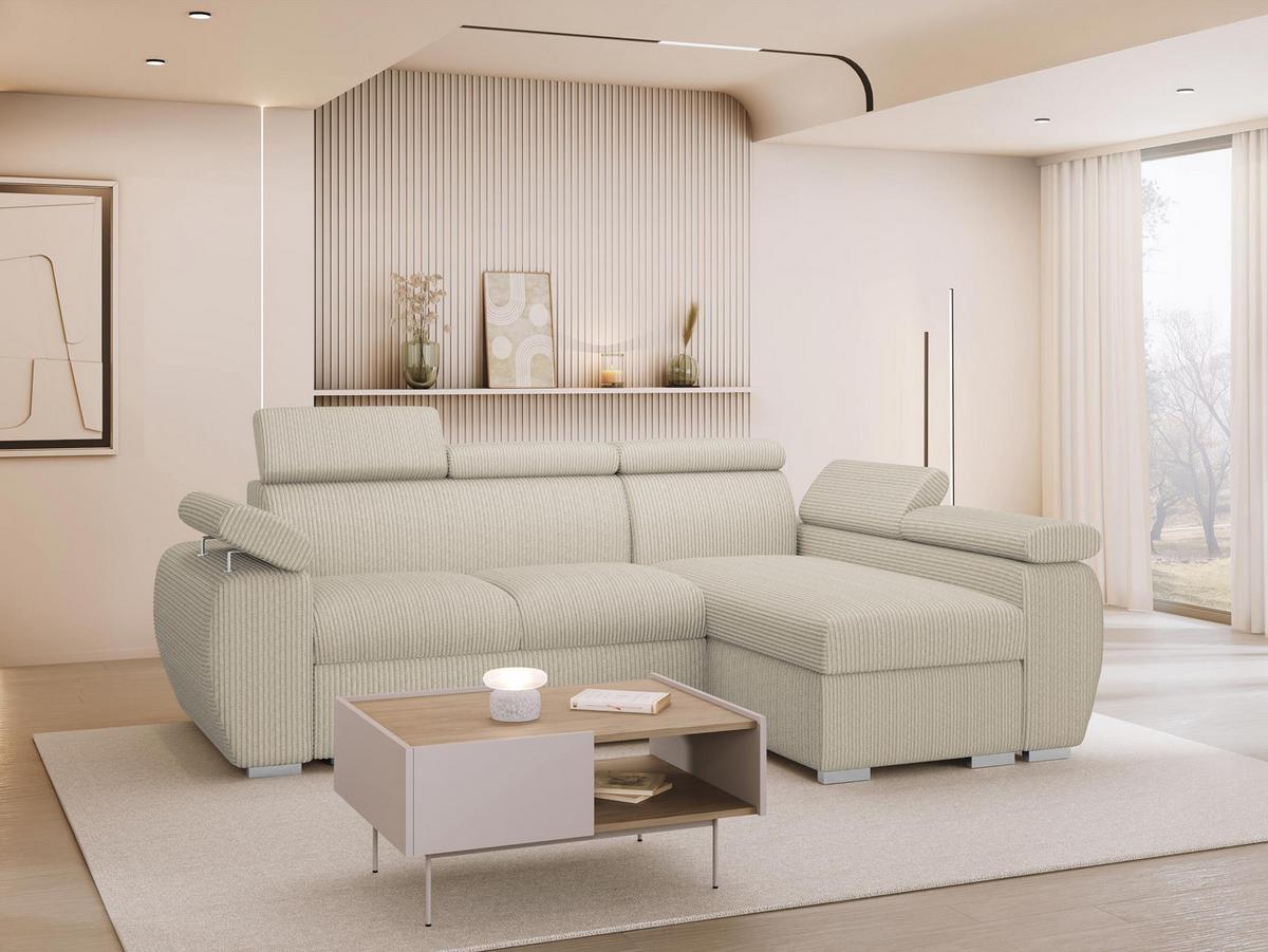 ECKSOFA Boston Mini Premium Cord 2RLC Seite: Rechts 2R+LC - Chromfarben/Beige, Holz/Textil (255/170cm) - MIRJAN24