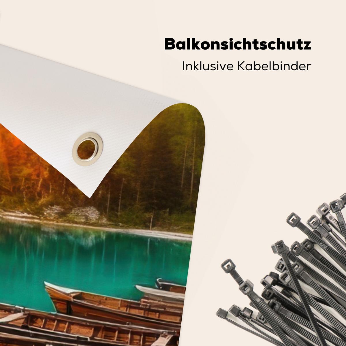 BALKON-SICHTSCHUTZ See - Berge - Sonnenuntergang - Boot Balkon Deko 300x130 cm - Petrol, Kunststoff (300/130cm) - MuchoWow