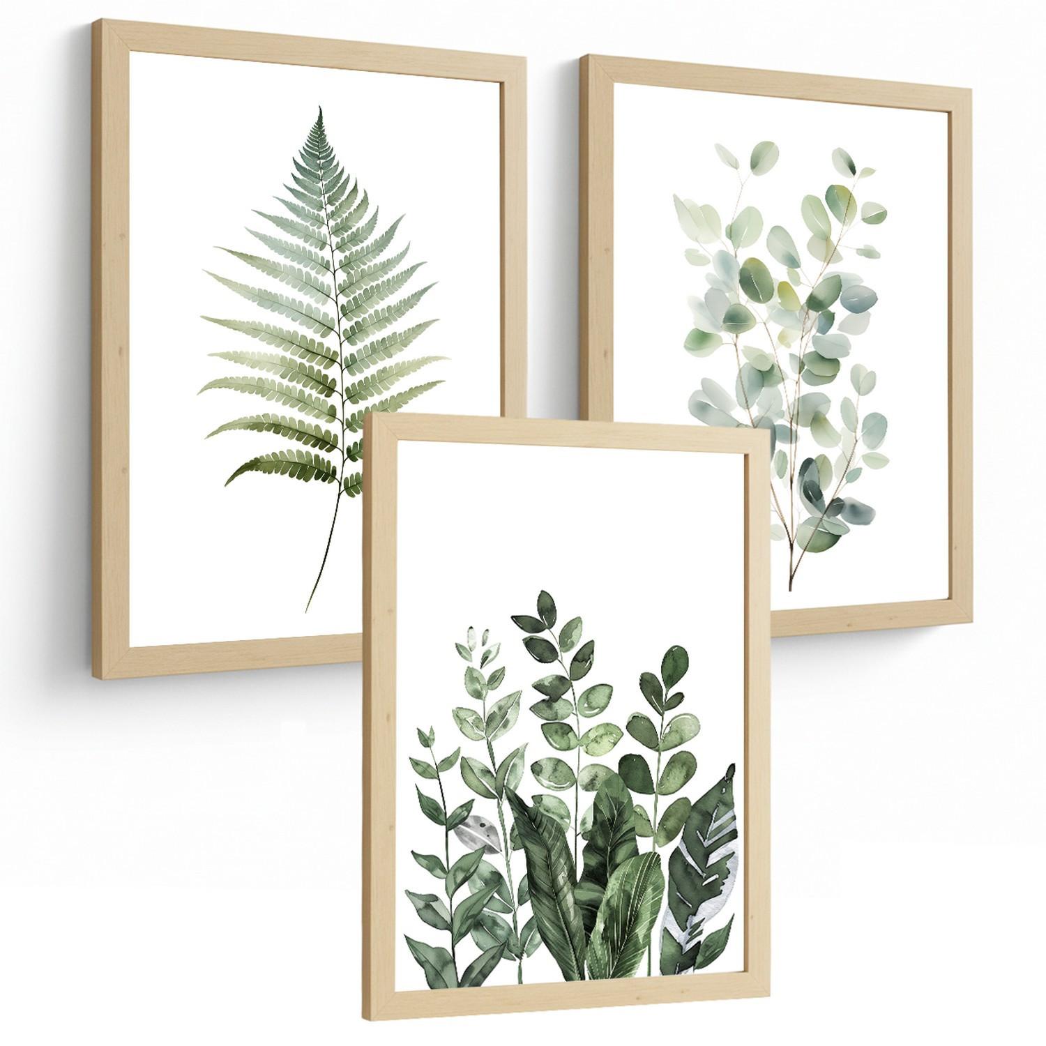 POSTER 3er Bilder-Set Wandbilder Botanisch Grün modern Wohnzimmer Deko, Schlafzimmer, Küche, Badezimmer Leichter Holzrahmen A4 - Beige, Papier (29.7/1/21cm) - Nacnic