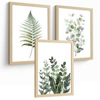 POSTER 3er Bilder-Set Wandbilder Botanisch Grün modern Wohnzimmer Deko, Schlafzimmer, Küche, Badezimmer Leichter Holzrahmen A4 - Beige, Papier (29.7/1/21cm) - Nacnic