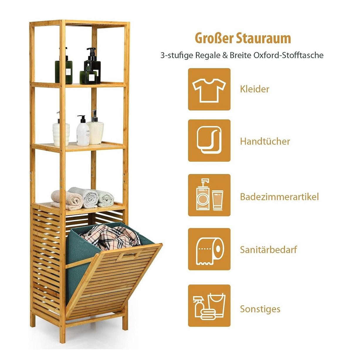WÄSCHESCHRANK mit abnehmbarem Wäschesack & Griff natur - Naturfarben, Naturmaterialen (40/160/33cm) - COSTWAY