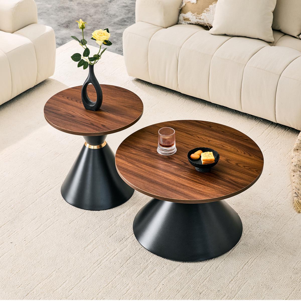 COUCHTISCH-SET Walnussoptik & Metall Schwarz Konusform - Walnussfarben, Metall (70/70/42.5cm) - Urban Meuble