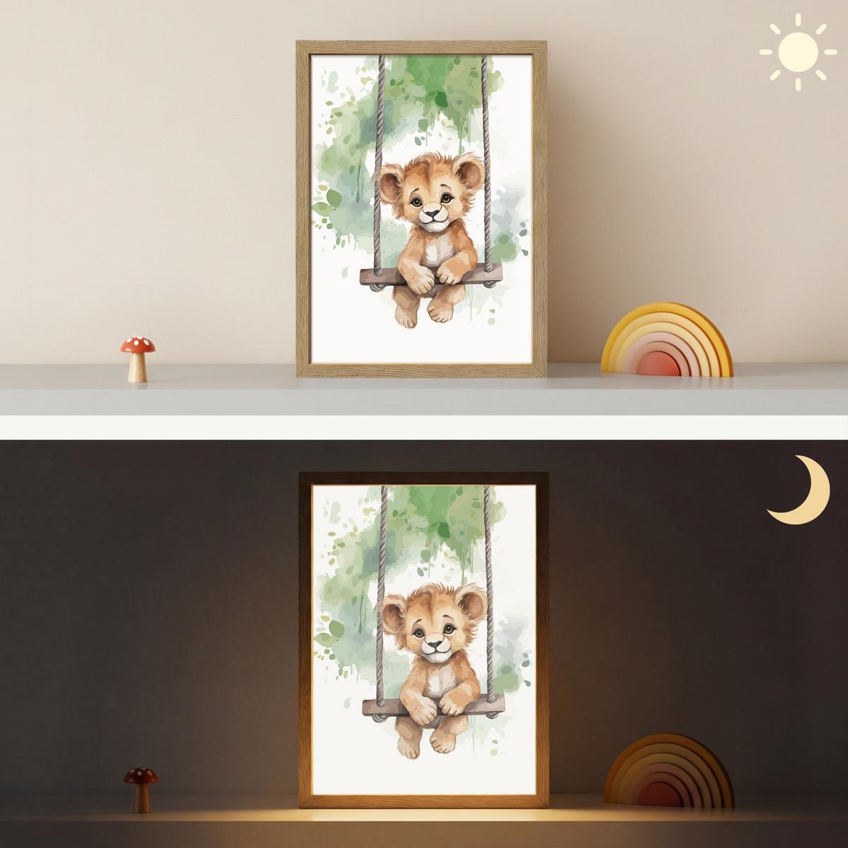 WANDLEUCHTE MIT AKKU Löwe - Tier - Kinder - Dschungel 30x40 cm - Weiß, Holzwerkstoff (30/40/8cm) - OnlyWow